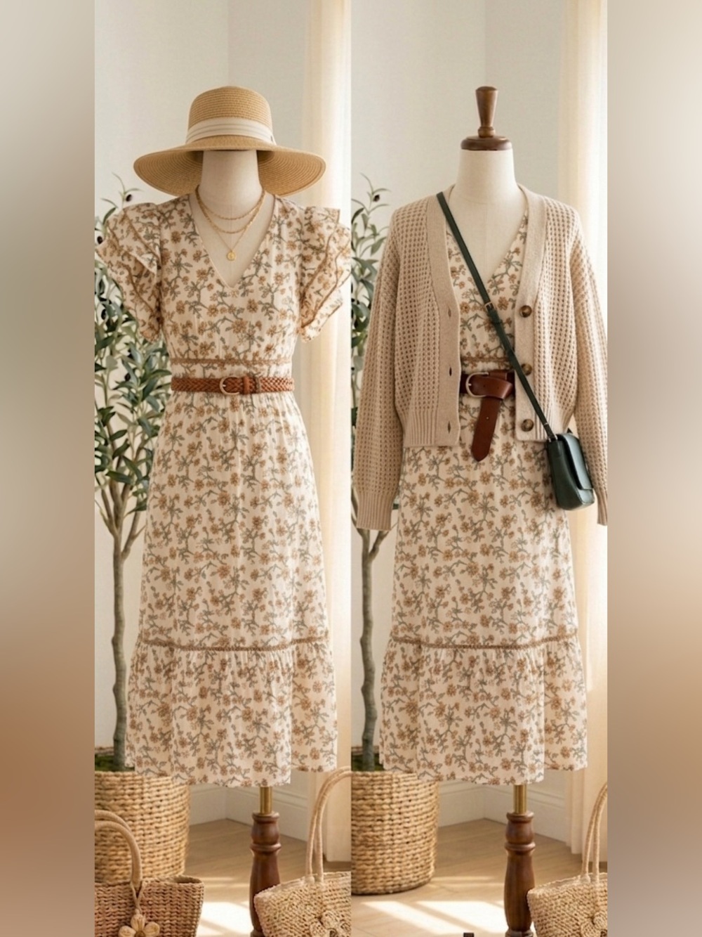 Boutique, cotton  NWT Floral Ruffle Midi Dress in Cream